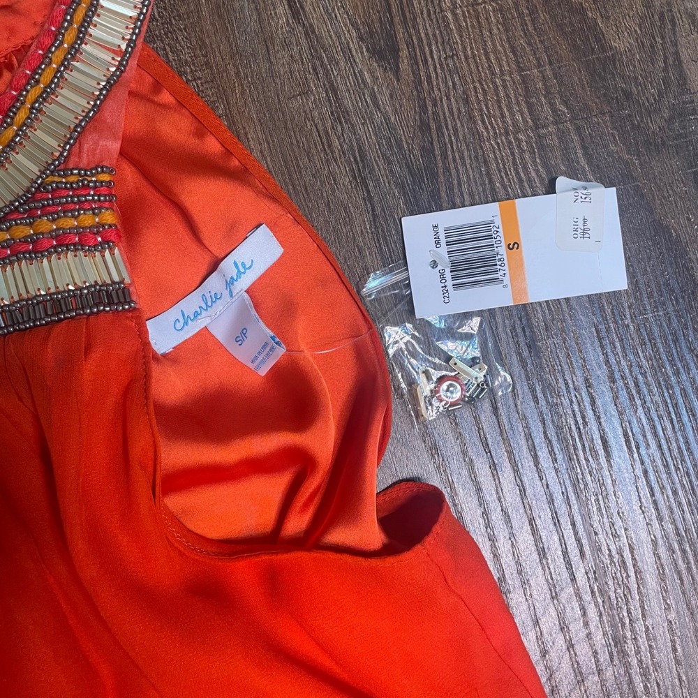 Charlie Jade Orange 100% Silk Beaded Halter Maxi Dress Side Slit C2324-ORG NEW - Picture 4 of 9